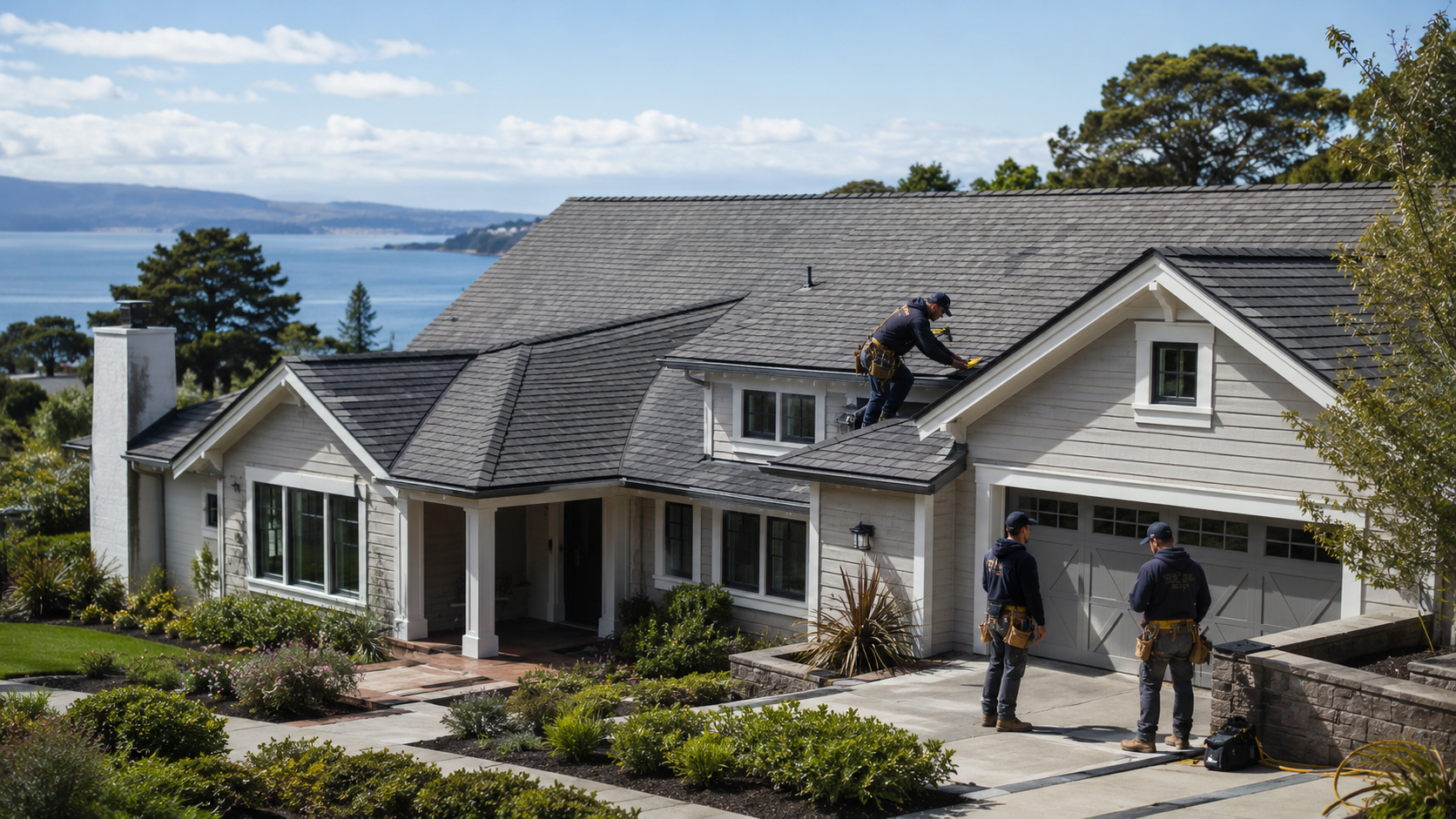 Professional roofing contractor working on residential roof in Pacifica CA