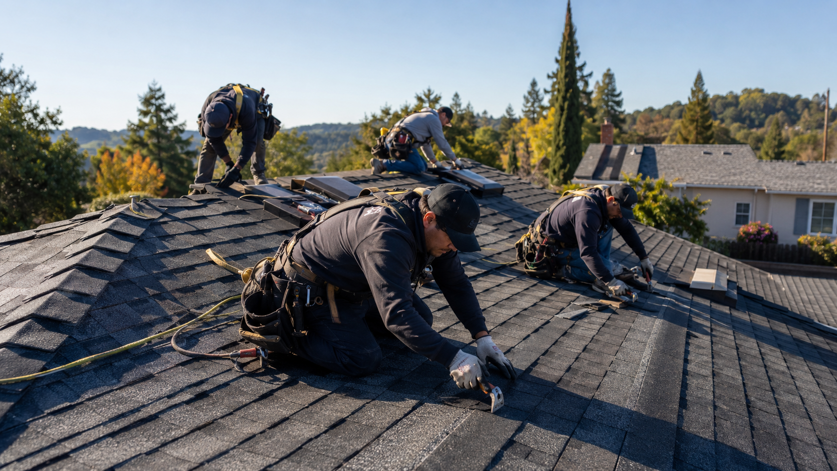 Roofing crew completing residential roof replacement near Pacifica California